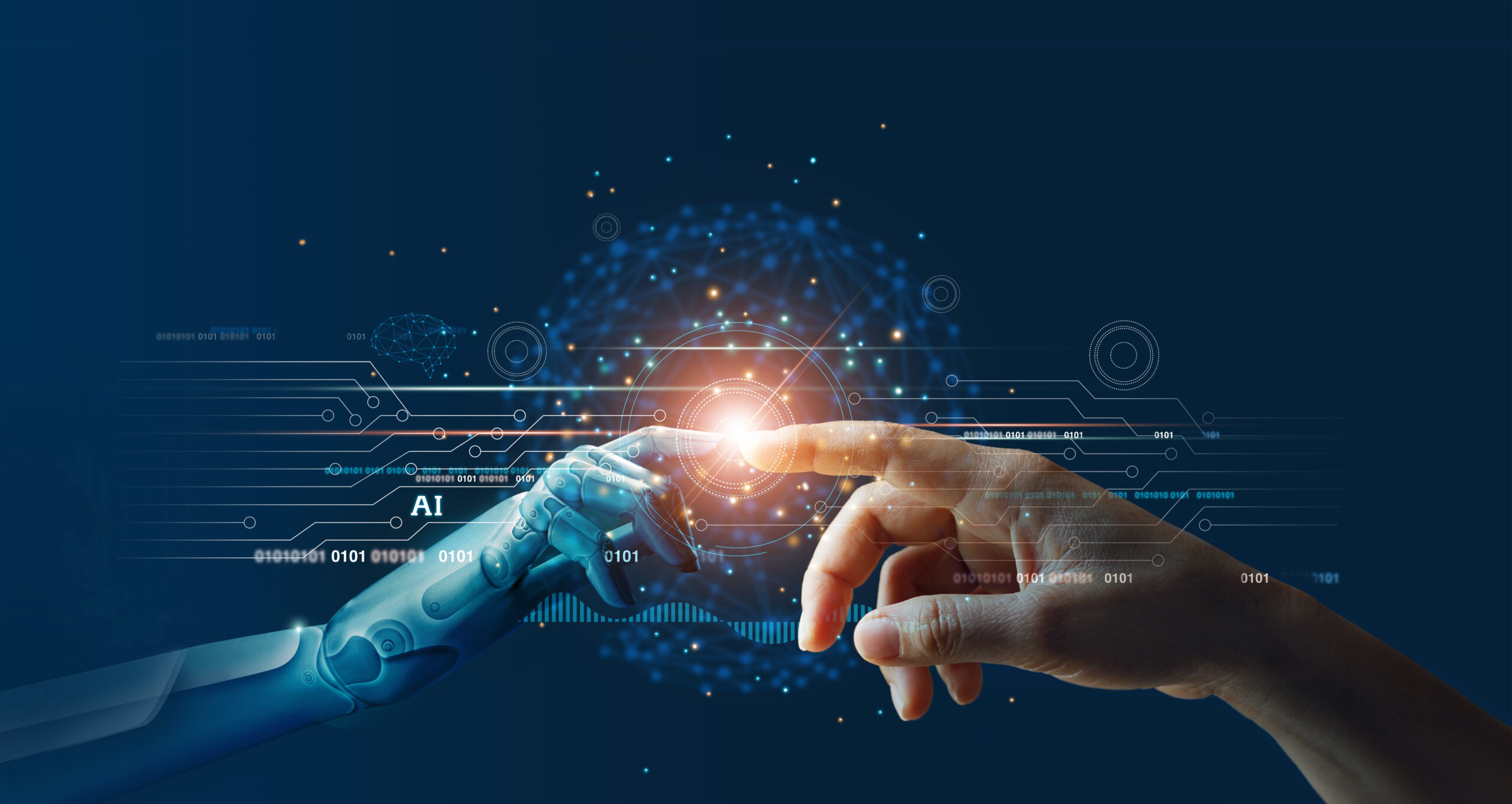 IA otimiza entrega last mile. Machine learning, Hands of robot and human touching on big data network connection background, Science and artificial intelligence technology, innovation and futuristic