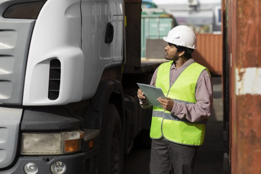 Side view man looking at truck