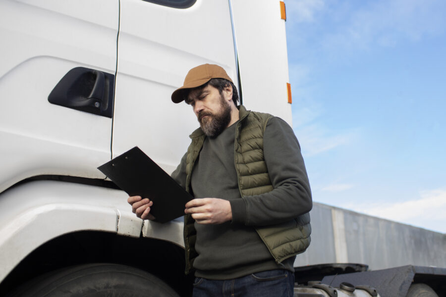 Medium shot man standing near truck