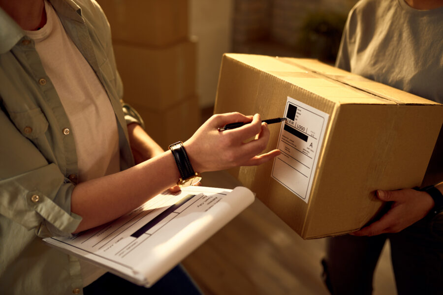 wo delivery women cooperating while checking data on the packages in the office