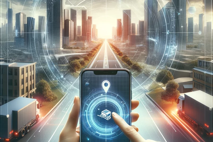 Imagem de um entregador segurando um dispositivo móvel que exibe um mapa digital com uma rota otimizada. Ao fundo, um cenário urbano moderno com prédios altos e veículos de entrega, simbolizando a eficiência da tecnologia de localização na logística de última milha