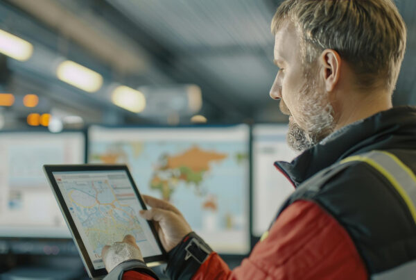 Logistics manager reviewing a map on a digital tablet in a control room