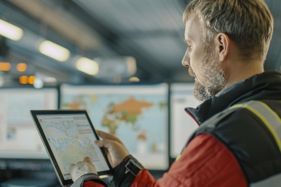 Logistics manager reviewing a map on a digital tablet in a control room