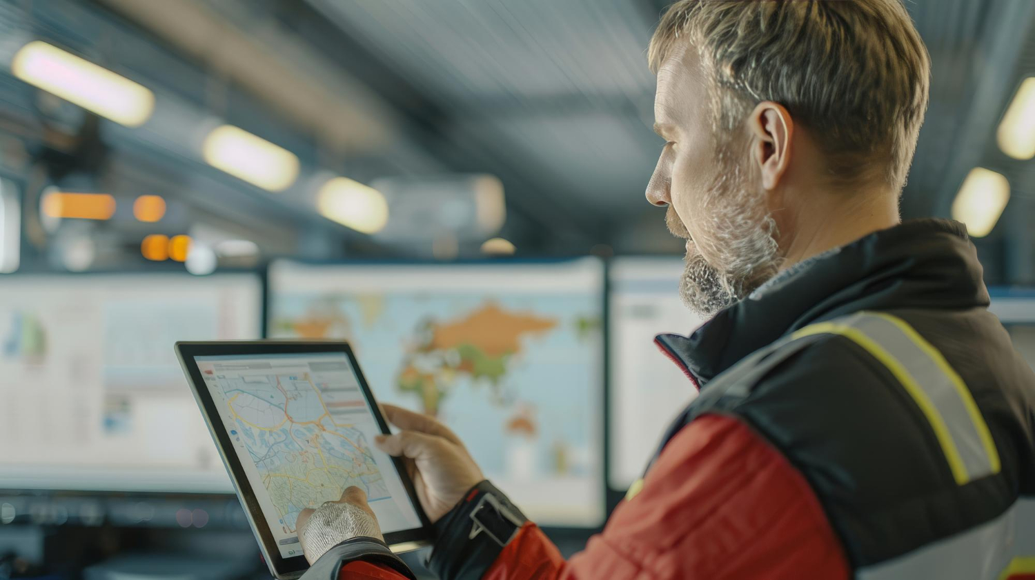 Logistics manager reviewing a map on a digital tablet in a control room